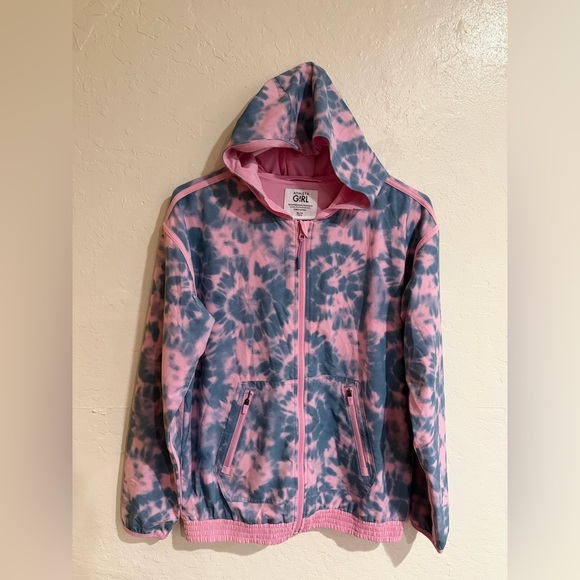 Athleta Girl Pink Blue Happy-Go-Lucky Full Zip Hoodie Jacket XL 14 Tie Dye - Picture 2 of 6